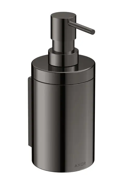 Schwarzer Lotionspender mit Pumpmechanismus, an der Wand montiert. Geprägt mit der Marke AXOR auf der Basis.